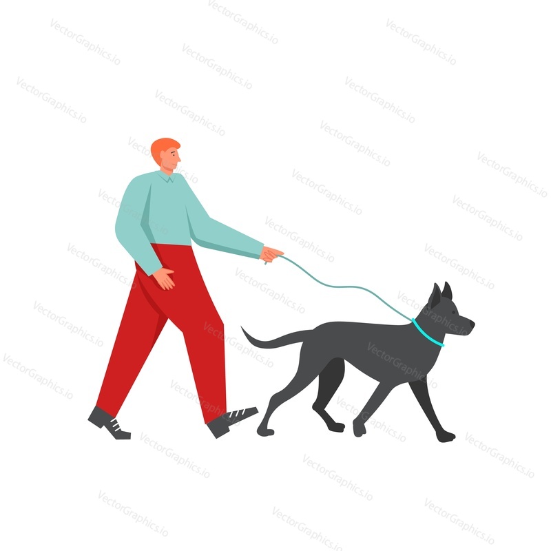 Muž venčení psa, vektorový plochý styl designu ilustrace izolované na bílém pozadí. Procházka v konceptu parku pro webový banner, webovou stránku atd.