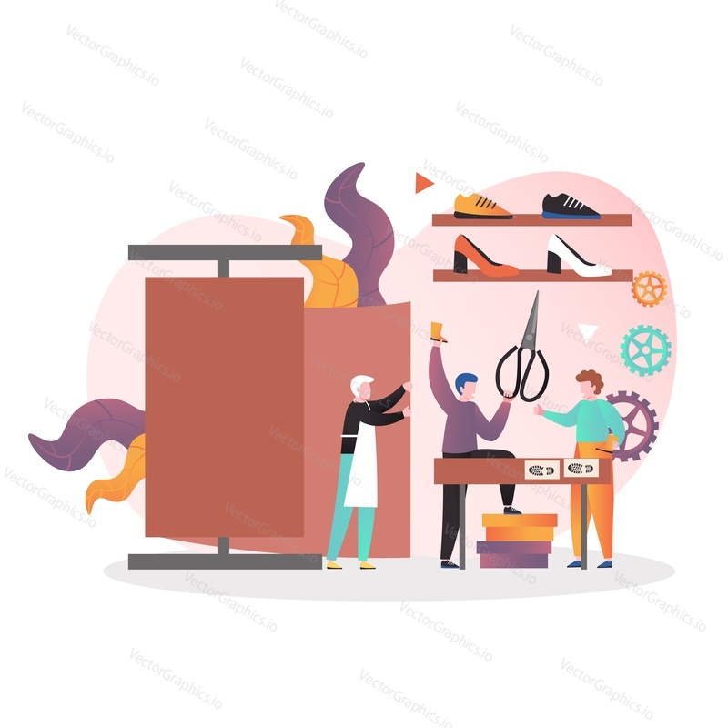 Shoemakers making handmade woman boots from leather in workshop, vector illustration. Handicraft shoemaking and shoe repair services concept for web banner, website page etc.