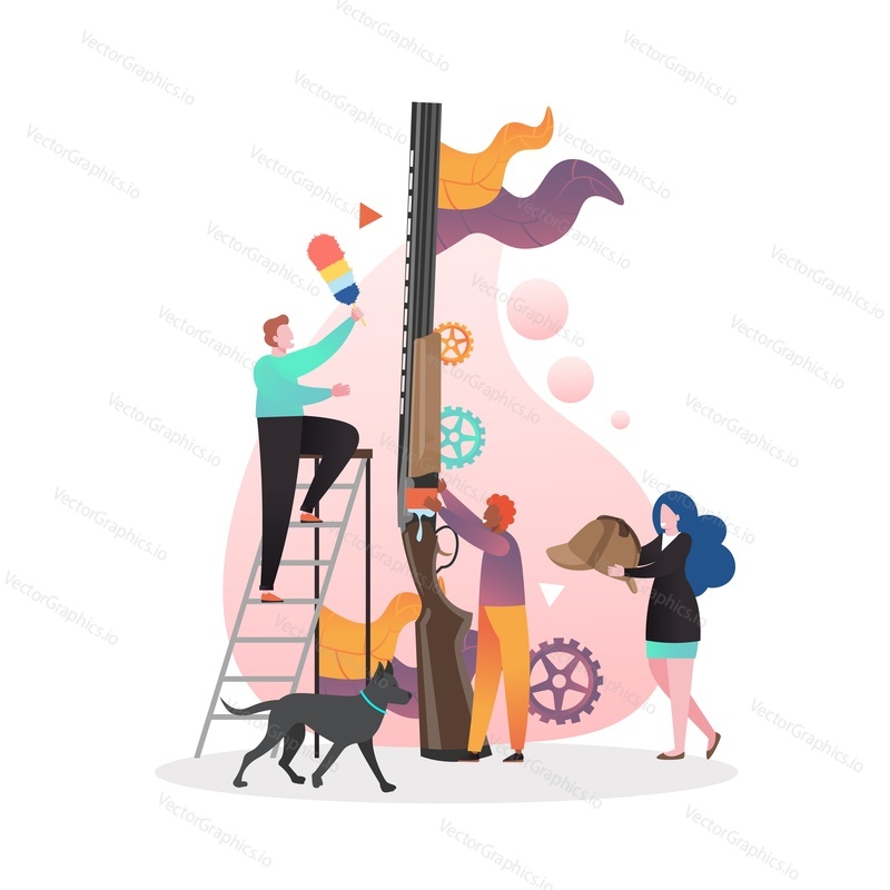 Micro character hunter holding huge shotgun, vector illustration. Hunting equipment, outdoor sport and recreation concept for web banner, website page etc.