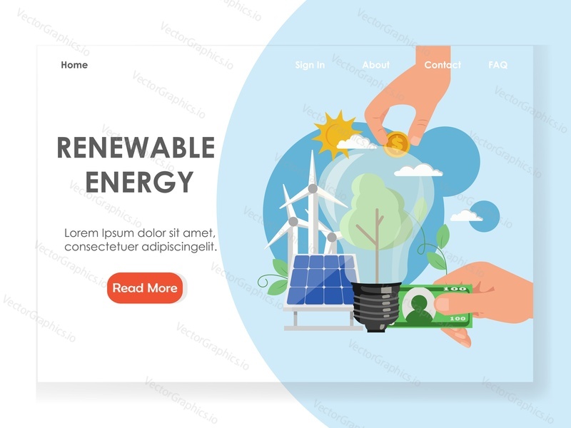 Obnovitelná energie vektorová webová šablona, webová stránka a design vstupní stránky pro vývoj webových stránek a mobilních stránek. Investice do solární a větrné energie.