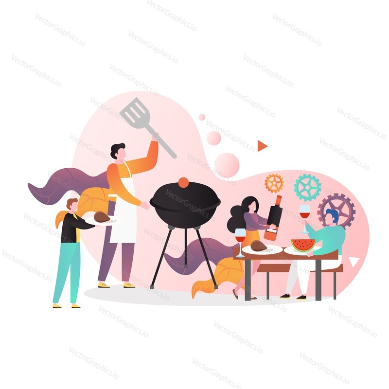 Man chef cooking bbq meat, happy couple enjoying drinking red wine, vector illustration. Outdoor barbecue party, romantic date, summer picnic concept for web banner, website page etc.