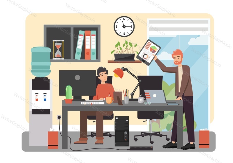 Office workplace and businessman cartoon characters discussing something while working on computer, standing near desk with tablet in hand, vector flat illustration. Businessman daily routine work.