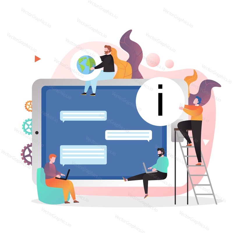 Huge tablet, micro male and female characters sending and reading emails, vector illustration. People using gadgets of modern technology concept for web banner, website page etc.