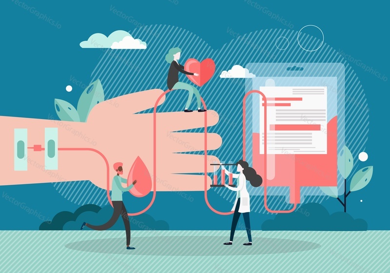 Huge blood bag and donor hand, micro male and female characters with heart, blood drop, lab tubes, vector flat style design illustration. Blood donation concept.