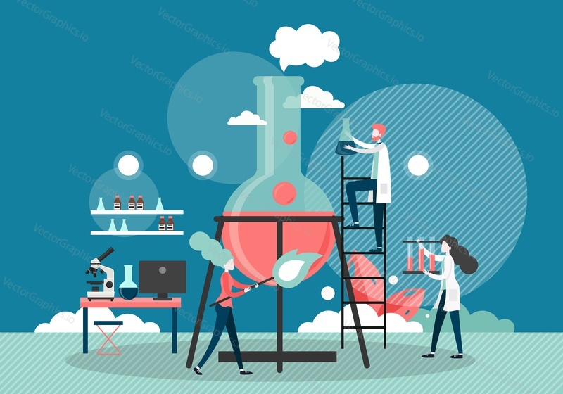 Obrovská laboratorní baňka, mikro mužské ženské postavy v bílých pláštích, které dělají lékařský test, vědecký experiment, výzkum medicíny, vektorová plochá ilustrace. Vědci, laboratorní asistenti využívající laboratorní vybavení.