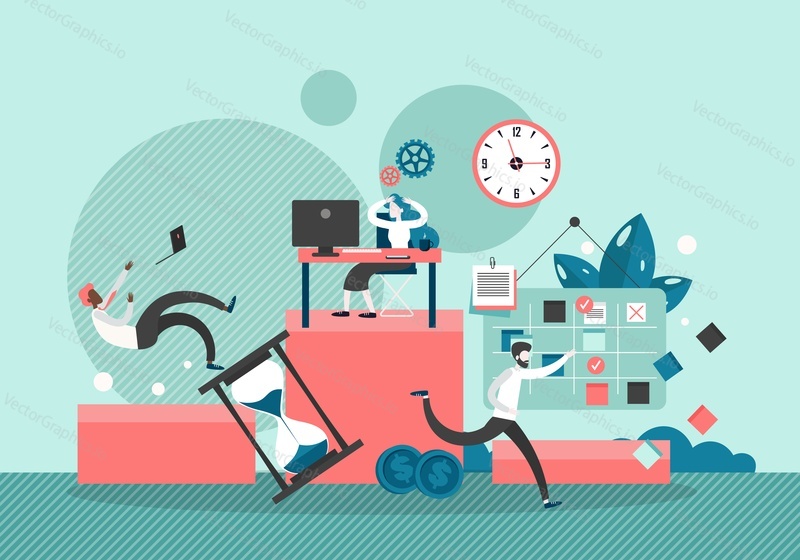 Overworked and very busy office workers male and female cartoon characters, vector flat style design illustration. Office routine, hard work, time management, scheduling, deadline concepts.