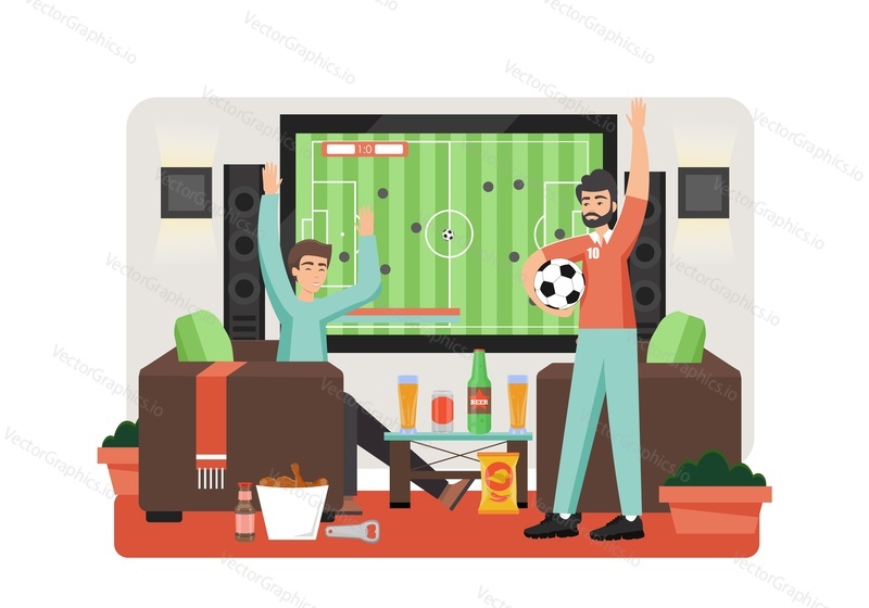 Happy male characters, two friends watching football or soccer game on TV in living room at home, vector flat style design illustration. Football fans, live soccer streaming on tv concepts.