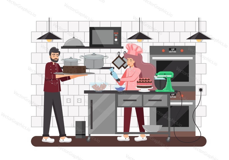 Confectioner female cartoon character in chef hat decorating glazing festive cake, vector flat style design illustration. Male chef baker holding tray with chocolate cake. Pastry shop, confectionery.