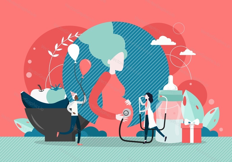 Doctor female examining pregnant woman in clinic, listening to baby heart beating with stethoscope, vector flat illustration. Pregnant girl visiting doctor gynecologist. Pregnancy checkup, maternity.