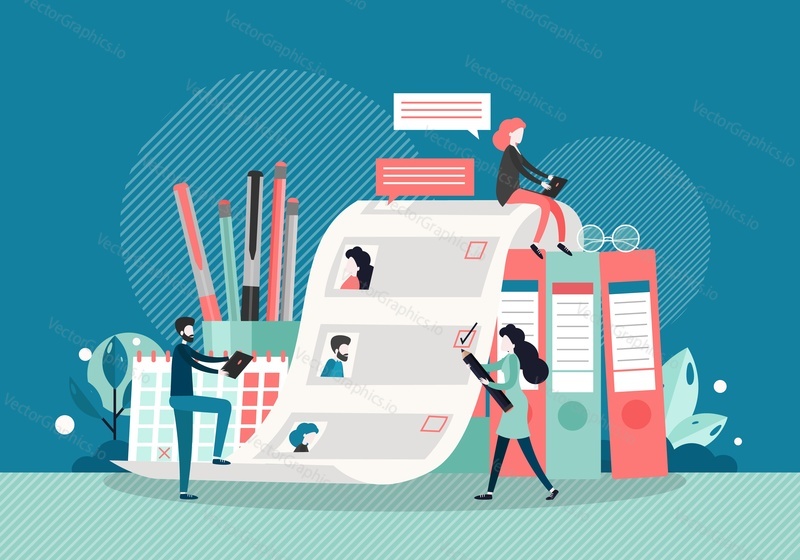 HR specialists hiring new staff, choosing candidates for vacancy job, vector flat style design illustration. Recruitment agency, vacancy, employment process, head hunters.