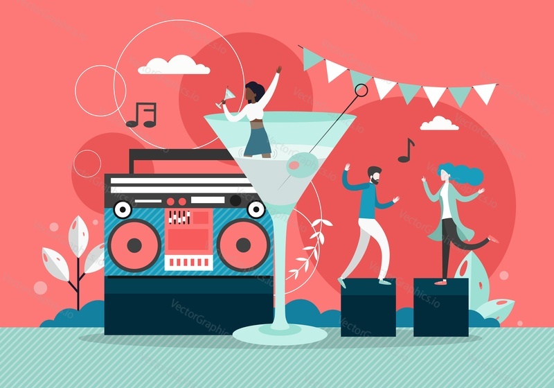Male and female characters enjoying disco party, vector flat style design illustration. People dancing, drinking alcohol cocktails and having fun in nightclub. Retro disco party music and nightlife.