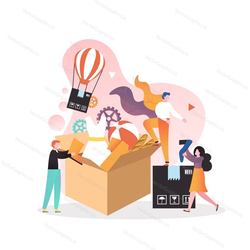 Micro male and female characters volunteers collecting food, toys, clothes into huge cardboard box in order to help poor people. Charity and donation, volunteering, supportive housing concept.
