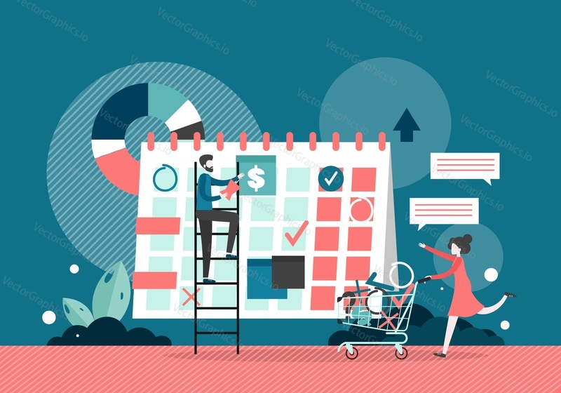 Business team planning work on huge desk calendar, vector flat style design illustration. Calendar planning, business planner, reminder, schedule.