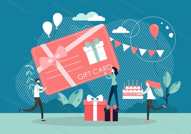 Micro characters holding huge gift card with pink ribbon and bow, vector flat style design illustration. Discount gift card, voucher, certificate marketing strategy tool.