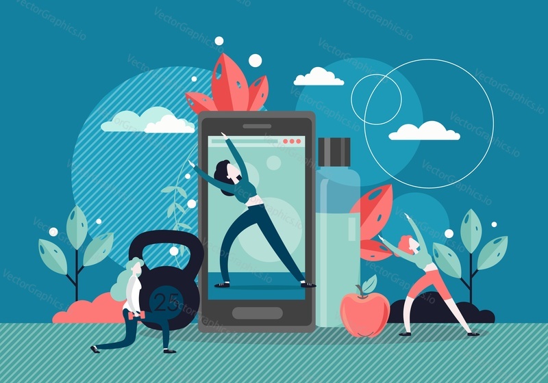 Fitness training with online coach vector flat illustration. Woman doing sport exercises together with fitness instructor on huge smartphone screen. Online personal sport trainer mobile application.