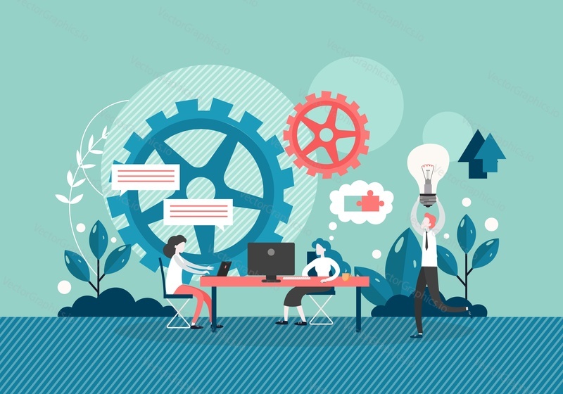 Office people colleagues working on computers, sitting at table, holding big lightbulb, communicating, discussing ideas and propositions, vector flat style design illustration. Office routine work.