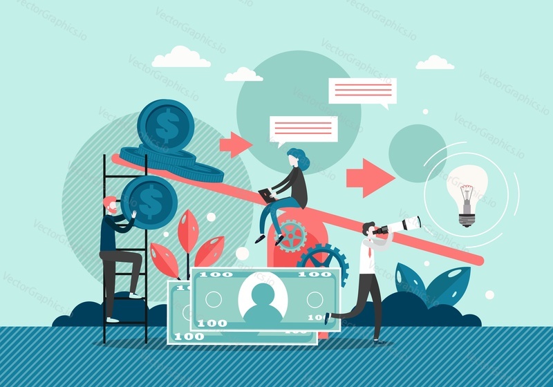 Idea more than money concept vector flat style design illustration. Light bulb and money on scales and office people. Business idea, innovation.