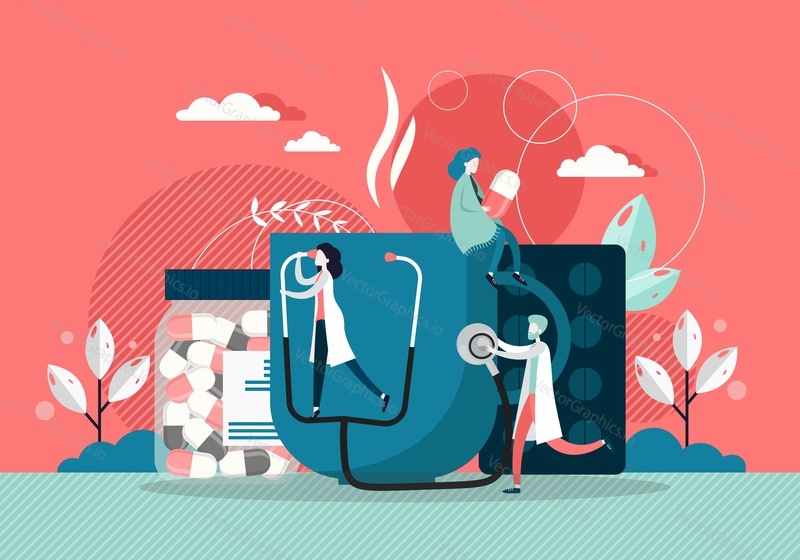 Huge pills bottle, cup of hot tea, micro doctors with stethoscope, patient woman taking medicine, vector flat illustration. Home doctor services, sick patient care, medical first aid.