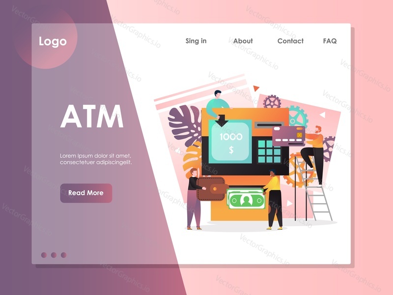 Šablona webových stránek ATM vector, návrh webové stránky a vstupní stránky pro vývoj webových stránek a mobilních stránek. Tvorba ATM vklad na bankovní účet pomocí plastové karty koncept.