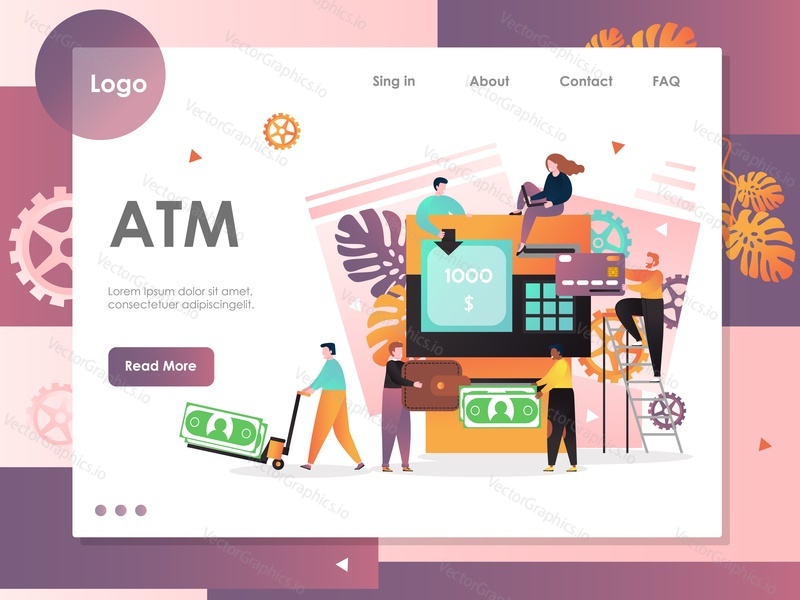 Šablona webových stránek ATM vector, návrh webové stránky a vstupní stránky pro vývoj webových stránek a mobilních stránek. Bankomatové transakce, vklad a výběr hotovosti, platba bankovní kartou.