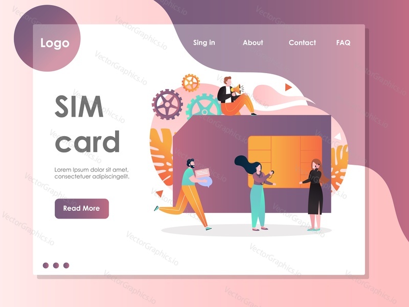 SIM karta vektorová webová šablona, webová stránka a design vstupní stránky pro vývoj webových stránek a mobilních stránek. Mobilní telefonní síť, koncept bezdrátové komunikace mobilních telefonů.