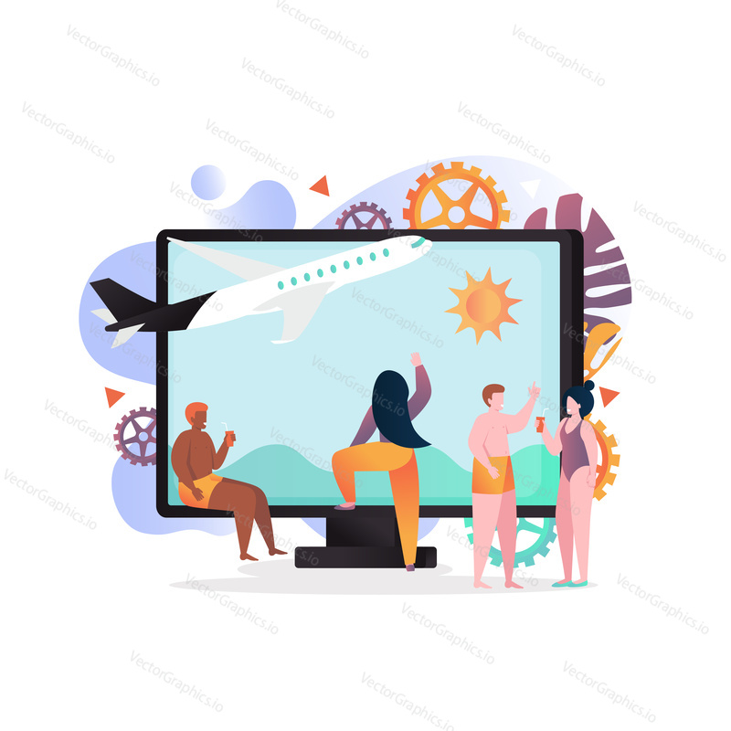 Vector illustration of big computer with plane on monitor and tiny people taking rest at seaside. Summer vacation planning, air travel, booking flight, airline tickets online concept for web banner