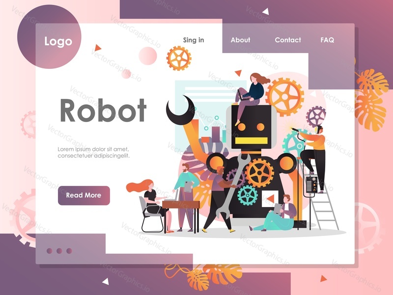 Šablona webové stránky robota vektoru, návrh webové stránky a vstupní stránky pro vývoj webových stránek a mobilních stránek. Robotická technologie, vynález robotů, Informatika a inženýrská koncepce.