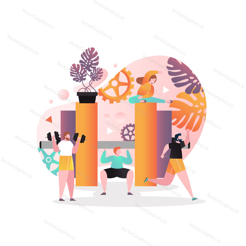Vector illustration of big barbell and tiny people training and lifting weights. Fitness gym, weighlifting, bodybuilding concept for web banner, website page etc.
