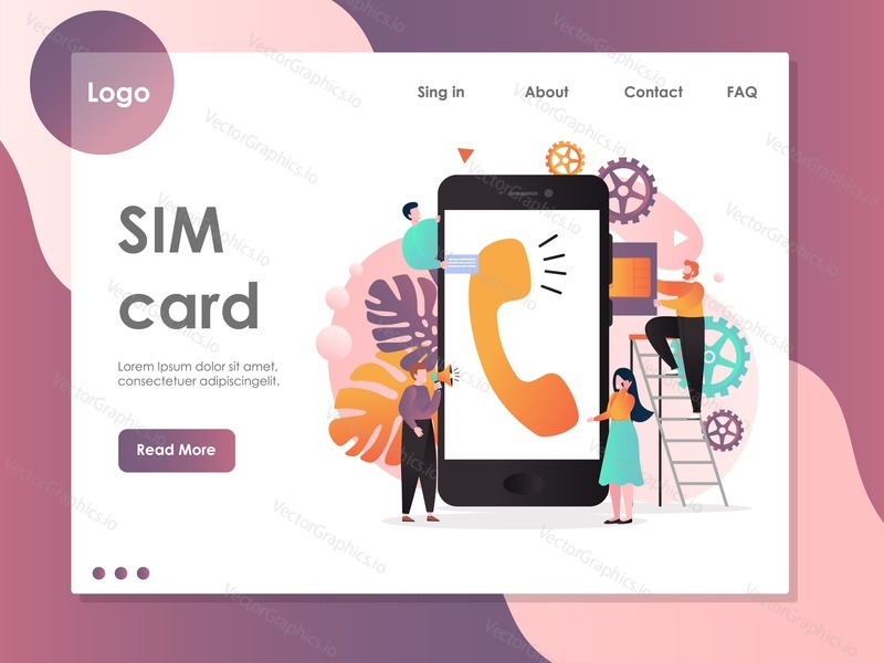 SIM karta vektorová webová šablona, webová stránka a design vstupní stránky pro vývoj webových stránek a mobilních stránek. Bezdrátová mobilní komunikace, koncept technologie SIM karty.