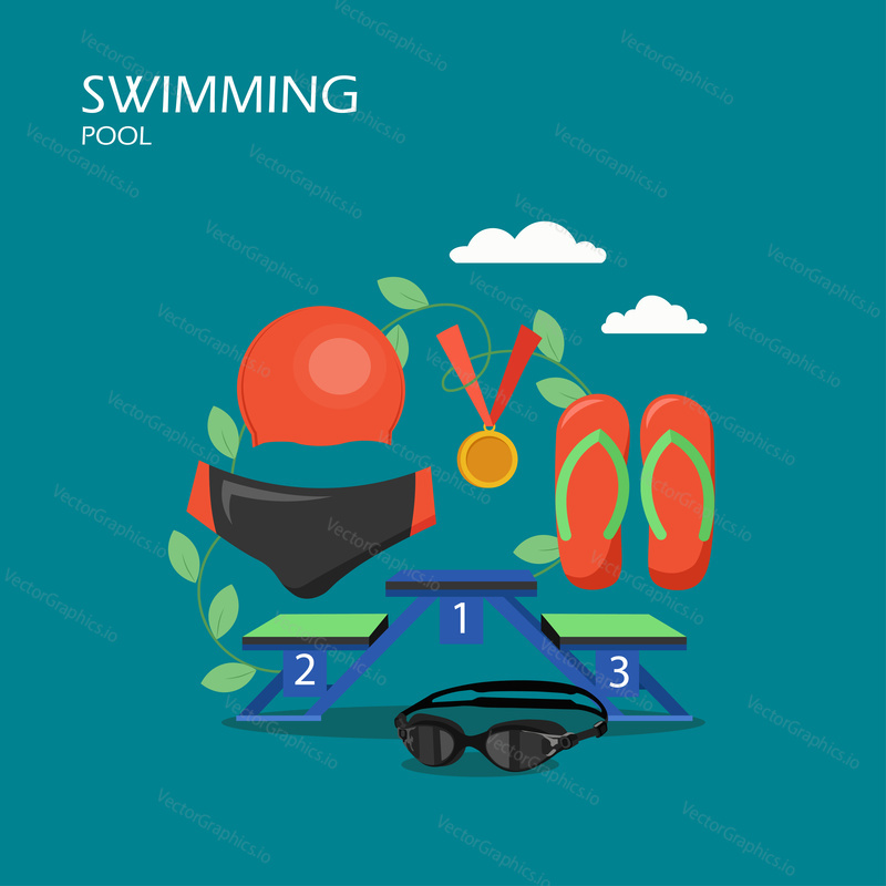Swimming pool vector flat illustration. Men swimwear, swim cap, flip flops, goggles, medal for swimming competition winner. Swim gear and accessories for web banner, website page etc.