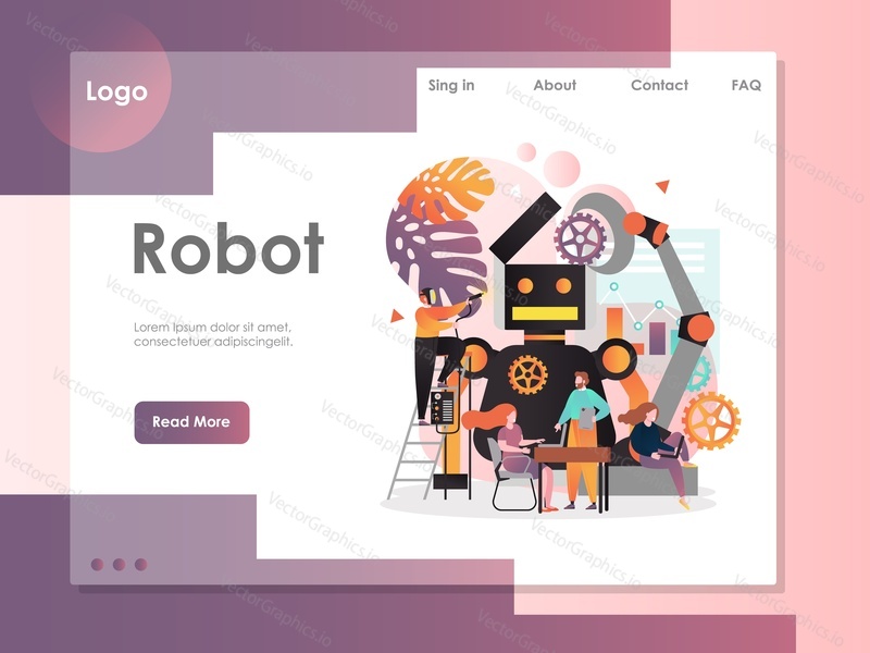 Robot vector website template, web page and landing page design for website and mobile site development. Engineering, robotics programming, robot technology concept.