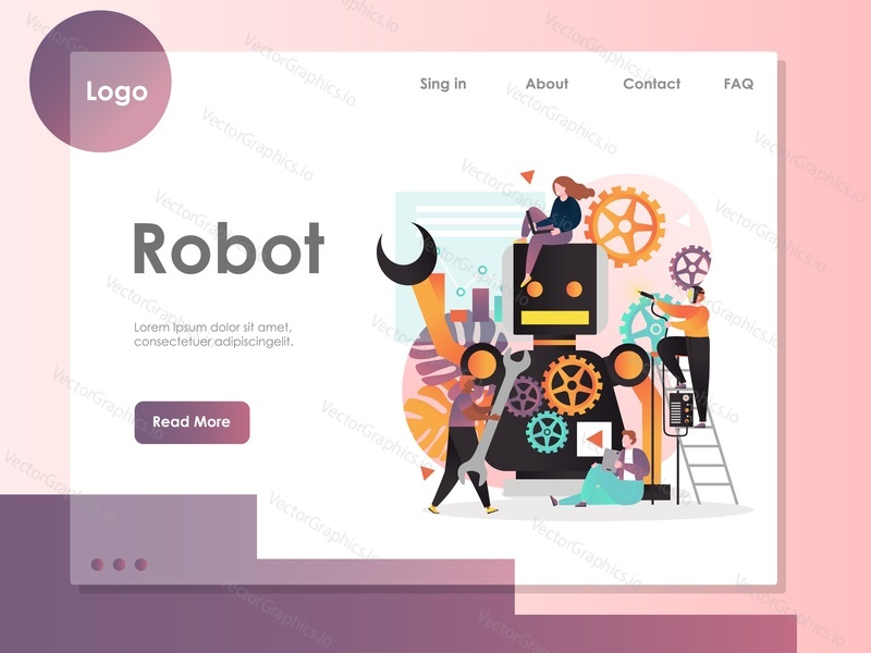 Šablona webové stránky robota vektoru, návrh webové stránky a vstupní stránky pro vývoj webových stránek a mobilních stránek. Robotický software, koncept automatizace robotických procesů.