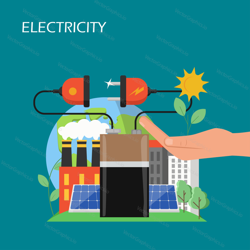 Electricity vector flat illustration. Hand holding green sprout, solar energy battery, solar panels, planet Earth. Alternative energy, environmental conservation ecology concept for web banner webpage