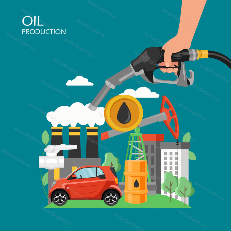 Oil production vector flat illustration. Hand with auto fueling nozzle, oil pumpjack, barrel, refinery, car. Petrol and diesel production, petroleum industry concept for web banner, webpage etc.