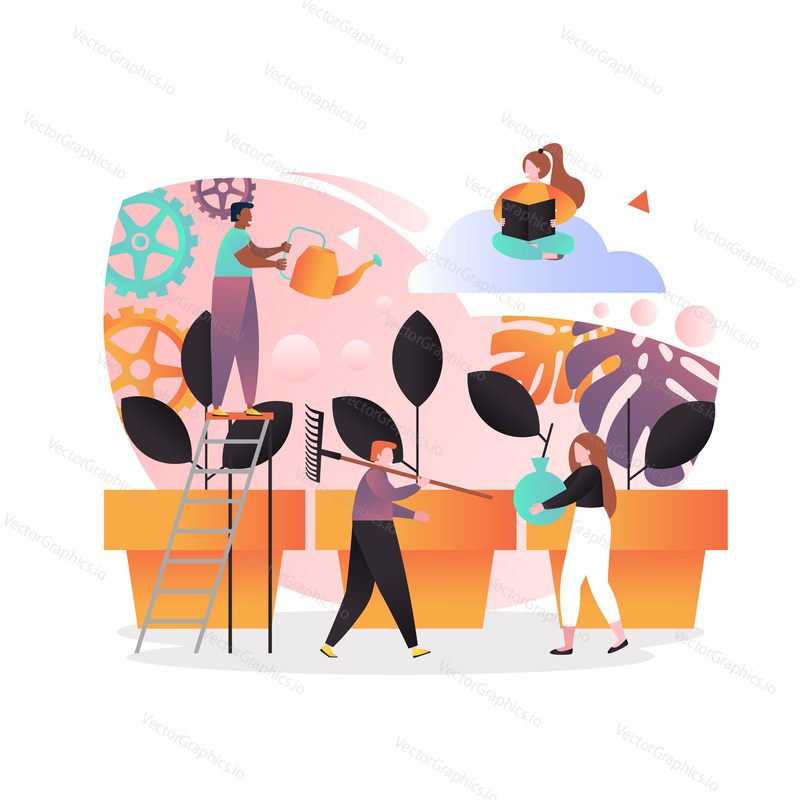 Vector illustration of tiny people growing big potted plants using garden tools watering can, rake. Gardeners men and women caring for plants. Gardening concept for web banner, website page etc.