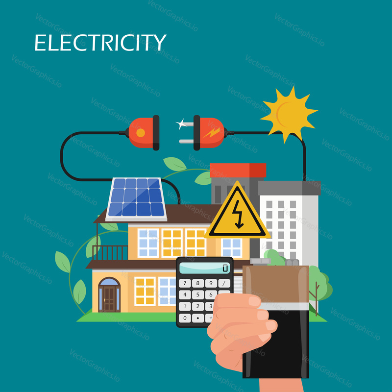 Electricity production, storage and consumption vector flat illustration. Hand holding solar energy battery, residential house with solar panel, plug. Renewable energy and green technology concept.