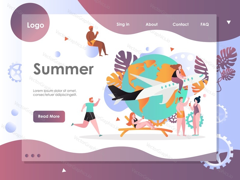 Summer vector website template, web page and landing page design for website and mobile site development. Summer beach vacation, flight and tourism, air travel, tour agency services concept.