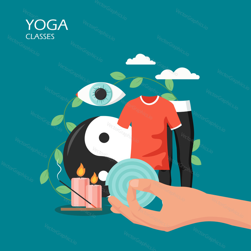 Jóga třídy vektorové ploché ilustrace. Yin a yang symbol, lidská ruka, sportovní oblečení, rohož, oko, svíčky, Gyan Mudra ruční gesto. Jóga symboly a příslušenství pro web banner, webové stránky atd.