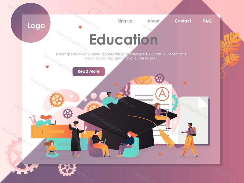 Vzdělávací vektorová webová šablona, návrh webové stránky a vstupní stránky pro vývoj webových stránek a mobilních stránek. Koncept Online vzdělávání s maturitním kloboukem, lidé používající notebooky, držitelé diplomu atd.