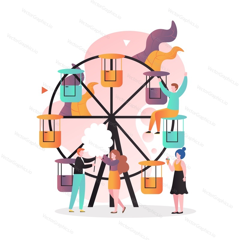 Ferris wheel, male and female characters, vector illustration. Amusement park attractions composition for web banner, website page etc.
