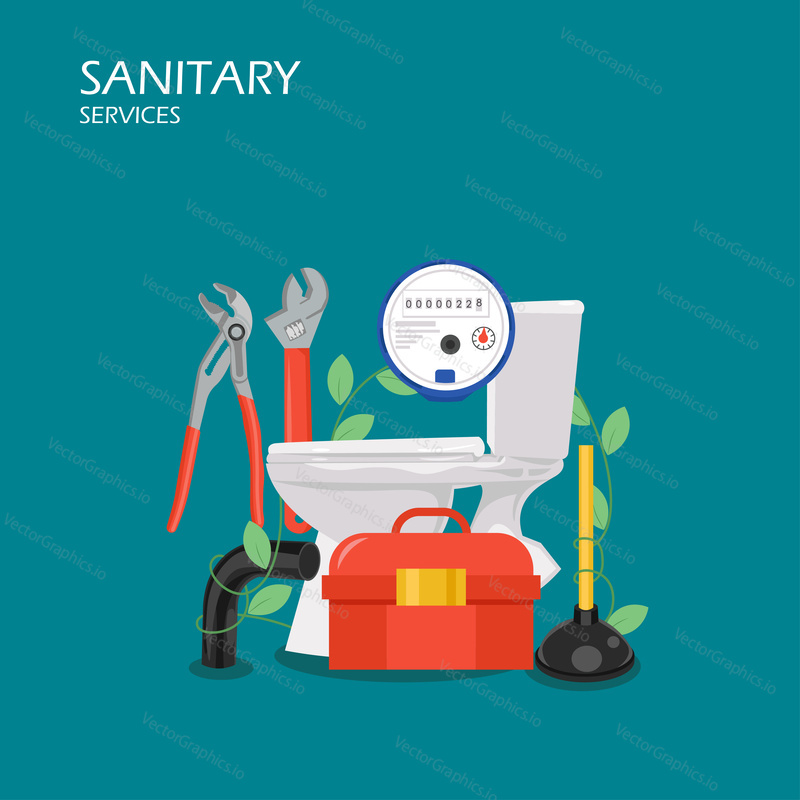Sanitární služby vektorové plochý styl designu ilustrace. Potrubí klíč, kleště, nářadí, píst, potrubí, vodoměr, záchod. Koncept instalatérské služby s instalatérskými nástroji pro webový banner, webovou stránku atd.
