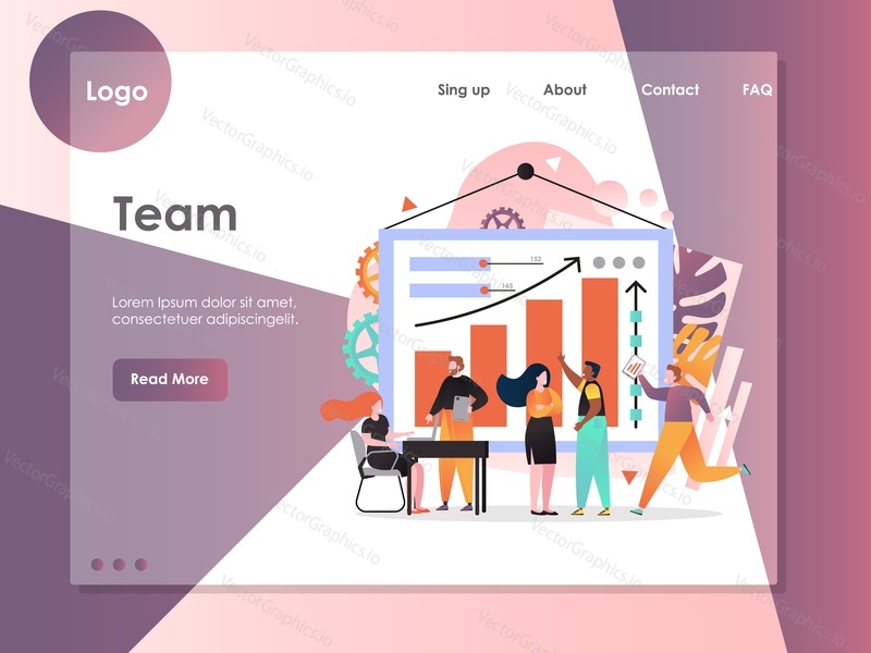 Team vector website template, web page and landing page design for website and mobile site development. Business teamwork, collaboration concept.