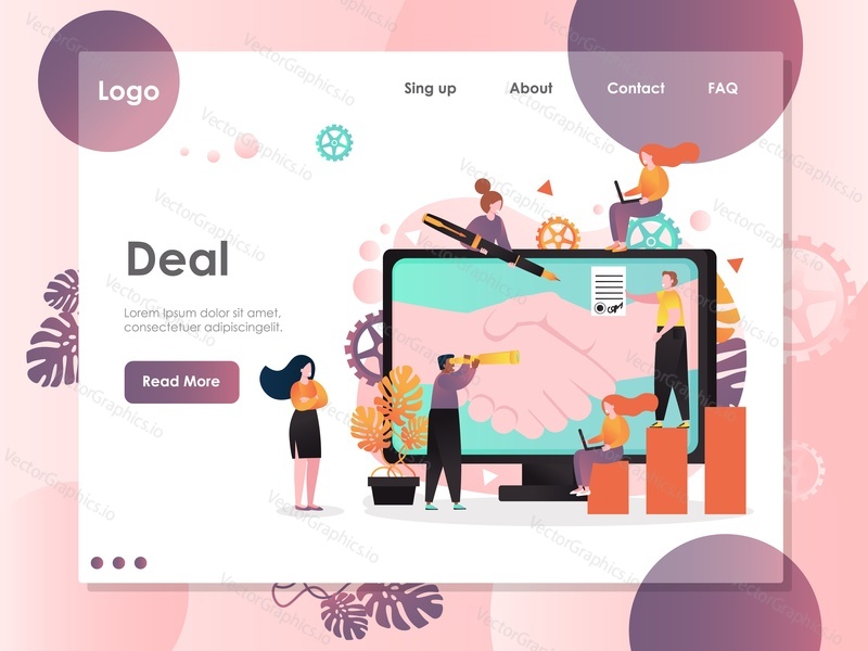 Deal vektorové webové stránky šablony, webové stránky a vstupní stránky design pro webové stránky a vývoj mobilních stránek. Obchodní dohoda, úspěšný nápad partnerství s počítačem handshake lidé podepisují smlouvu.