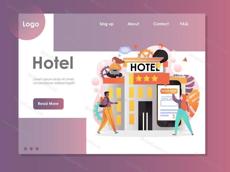 Šablona webových stránek hotelu vector, design webových stránek a vstupních stránek pro vývoj webových stránek a mobilních stránek. Koncept mobilní aplikace rezervace hotelu.