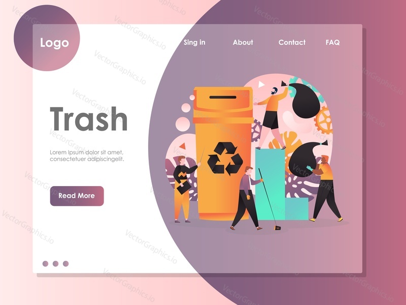 Šablona webu Trash vector, návrh webové stránky a vstupní stránky pro vývoj webových stránek a mobilních stránek. Koncepce třídění a recyklace odpadů.