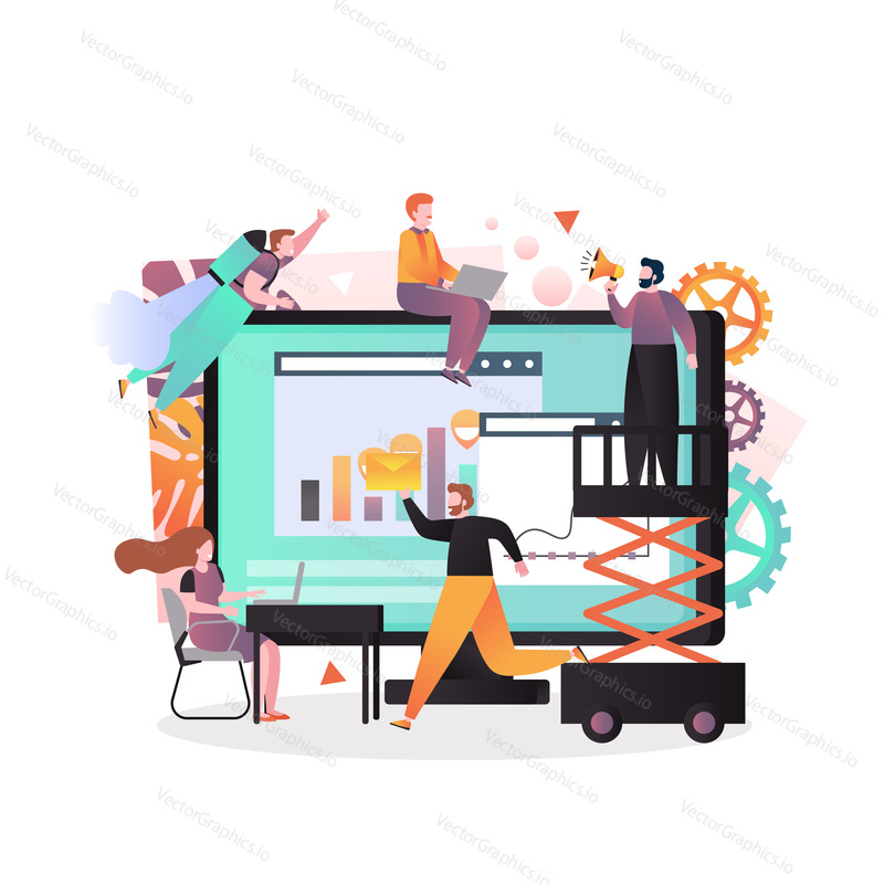 Vector illustration of big computer monitor with statistics dashboard, tiny people texting messages, working on laptop, shouting through megaphone. Business activity concept for web banner, webpage.
