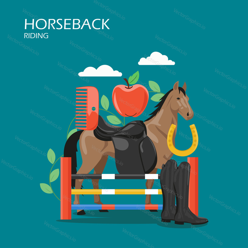 Jízda na koni vektor plochý styl designu ilustrace. Závodní kůň se sedlem, skákací bariérou, hřebenem, botami a podkovou. Jezdecké sportovní vybavení a vybavení pro webový banner, webové stránky atd.