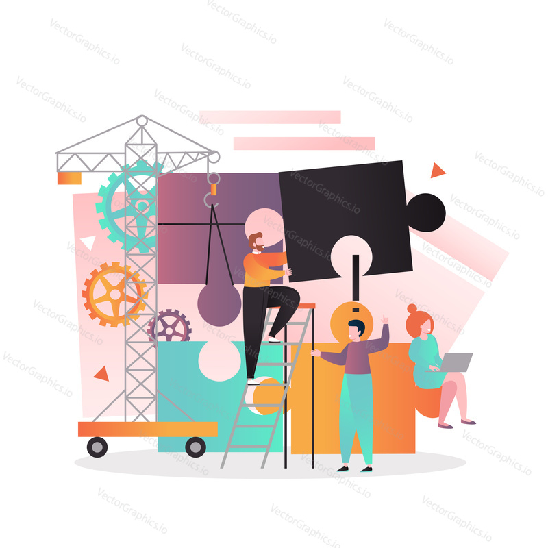 Vektorové ilustrace malých lidí a věžový jeřáb dělá velké puzzle. Tvorba podnikání, koncepty řešení pro webový banner, webové stránky atd.