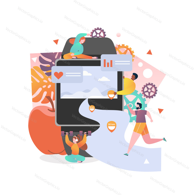 Vector illustration of big smart watch with activity tracking application and tiny people doing sports. Fitness running distance tracker with heart rate monitor for weight loss and health concept.