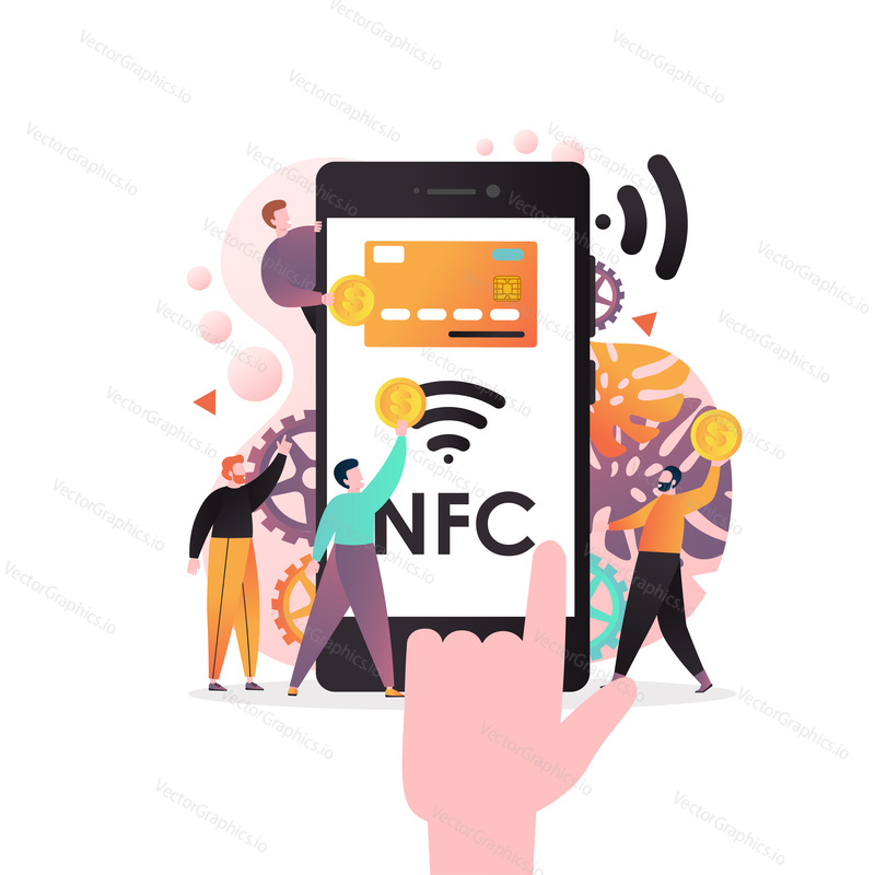 Векторная иллюстрация большого телефона с банковской картой, радиоволна nfc на экране, крошечные люди, осуществляющие денежные переводы через смартфон с поддержкой ближней связи. Концепция технологии NFC для веб-баннера и т.д.